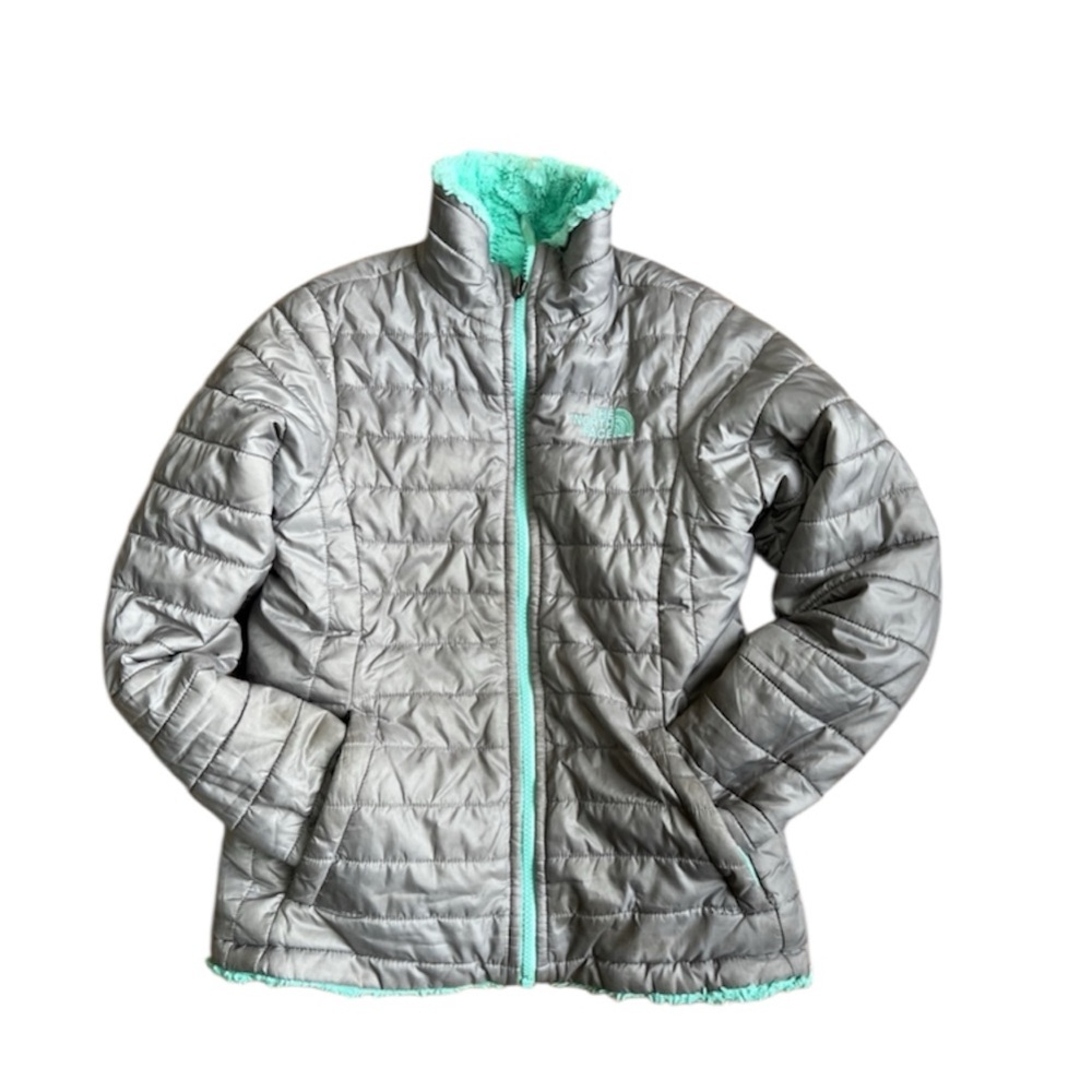 The North Face Kids Reversible Gray Mint Green Puffer Jacket Size M (10/12)